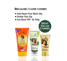 Combo Because I Care — Sun Block SPF-40 + Tulsi Neem Face Wash + Shafair Plus, 100 grams + 50 grams + 25 grams