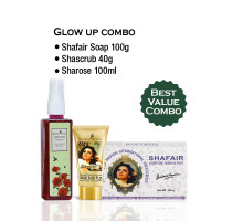 Kit Glow Up Combo — Shafair Plus soap + Sharose Premium Date Enriched Skin Toner + Shascrub Plus - Walnut Face & Body Scrub, 100 grams + 100 ml + 40 grams